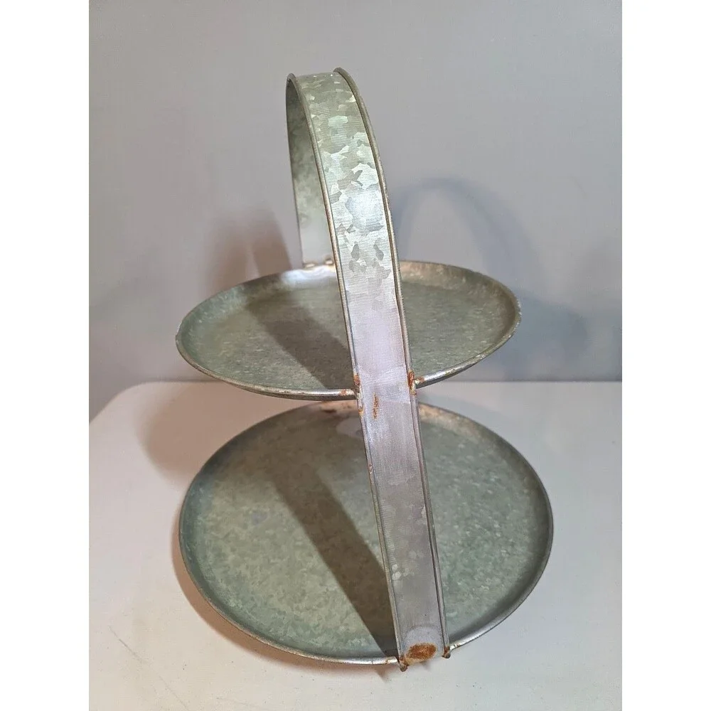 Large Pottery Barn Galvanized Two Tier Round Tray 16 Inches Cottagecore